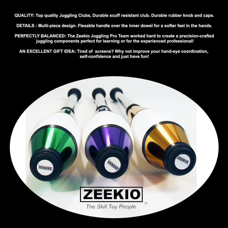 Zeekio Pegasus Juggling Clubs - Gold Green Blue - Brain Spice