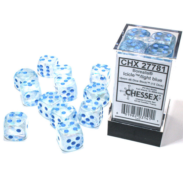 Borealis 16mm d6 Icicle/light blue Luminary Dice Block (12 dice) - Brain Spice