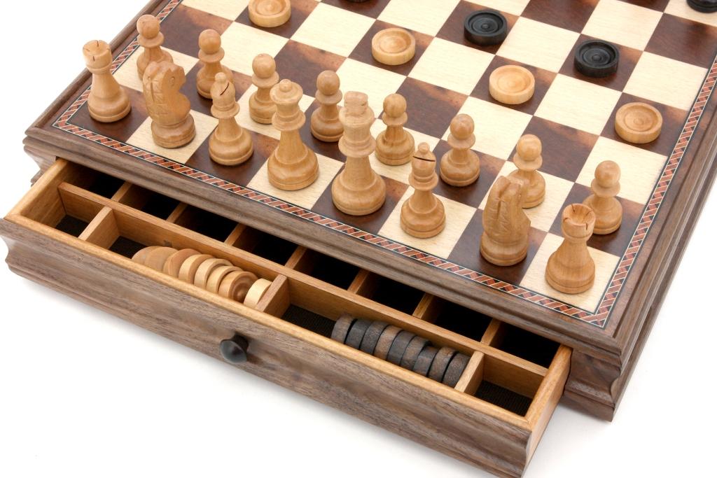 Chess & Checkers Set - With Drawers And Chess Piece Compartments 15inch - Brain Spice