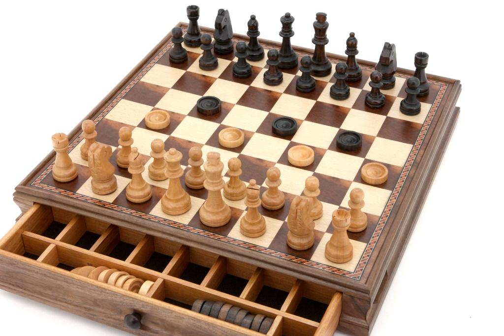 Chess & Checkers Set - With Drawers And Chess Piece Compartments 15inch - Brain Spice